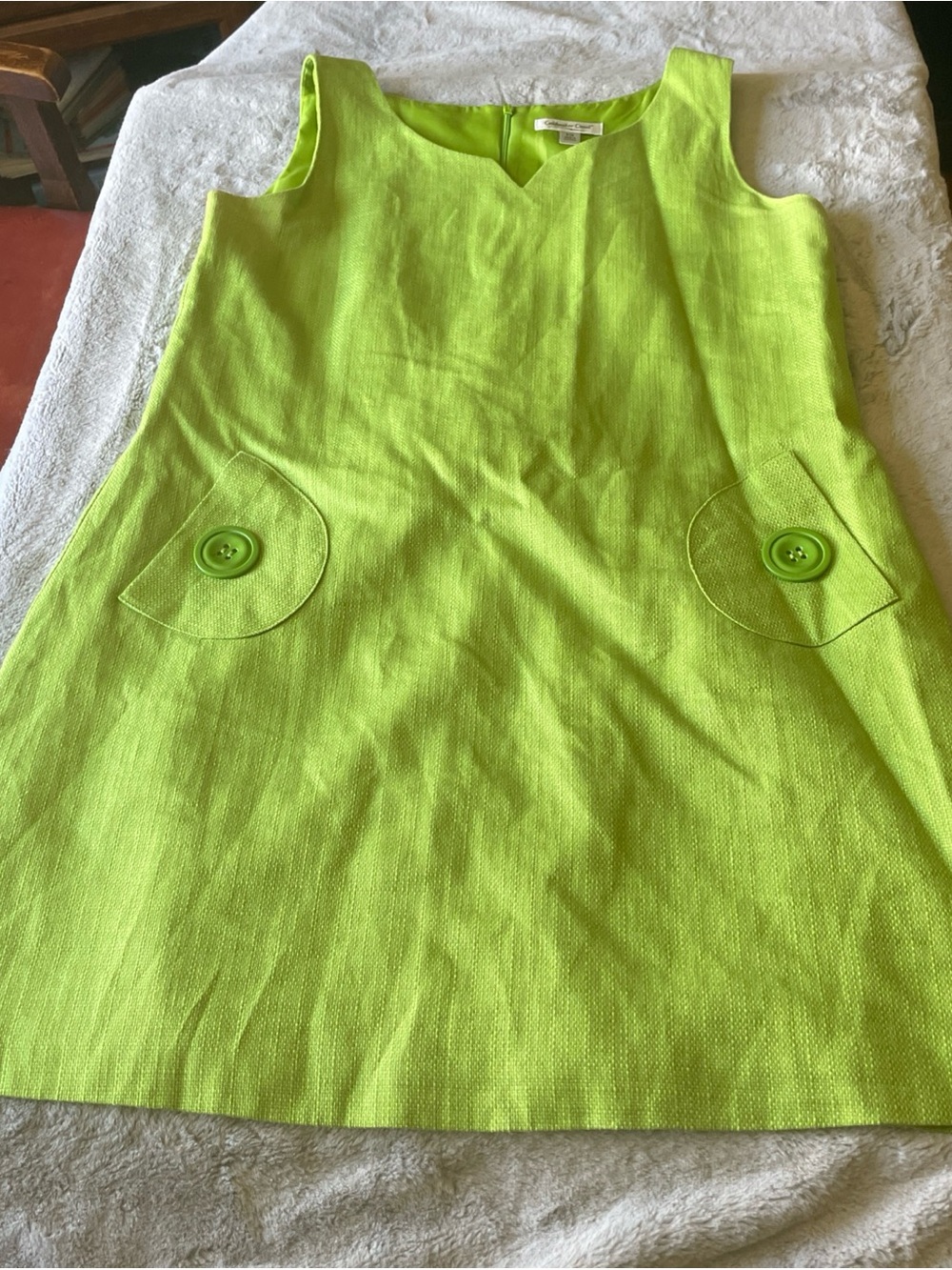Coldwater Creek Lime Green Sleeveless Dress with Pocket Buttons linen blend